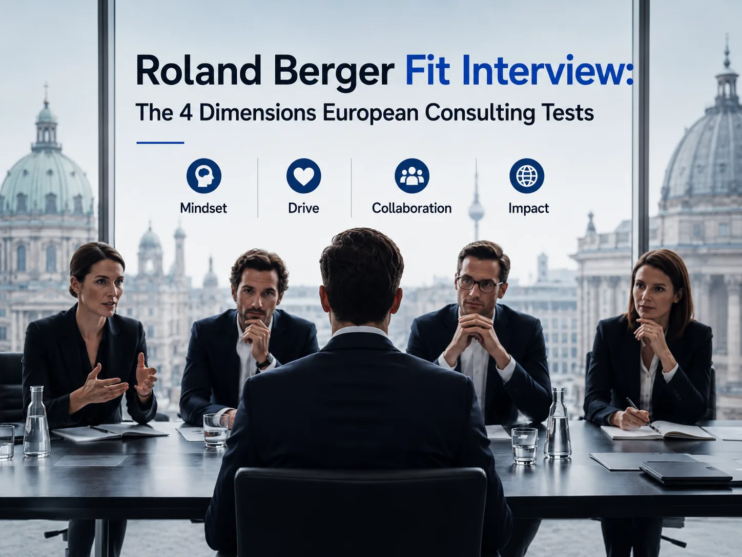 Cover image for Roland Berger Fit Interview article showing a candidate facing interviewers in a European boardroom, with mindset, drive, collaboration, and impact as evaluation dimensions.