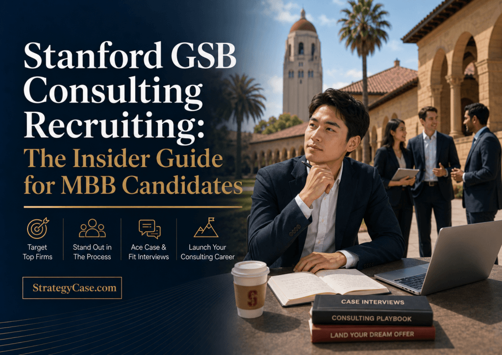 Cover image for a Stanford GSB consulting recruiting guide, showing an MBA candidate preparing for MBB interviews on a Stanford-style campus with case interview, fit interview, and consulting career strategy themes.