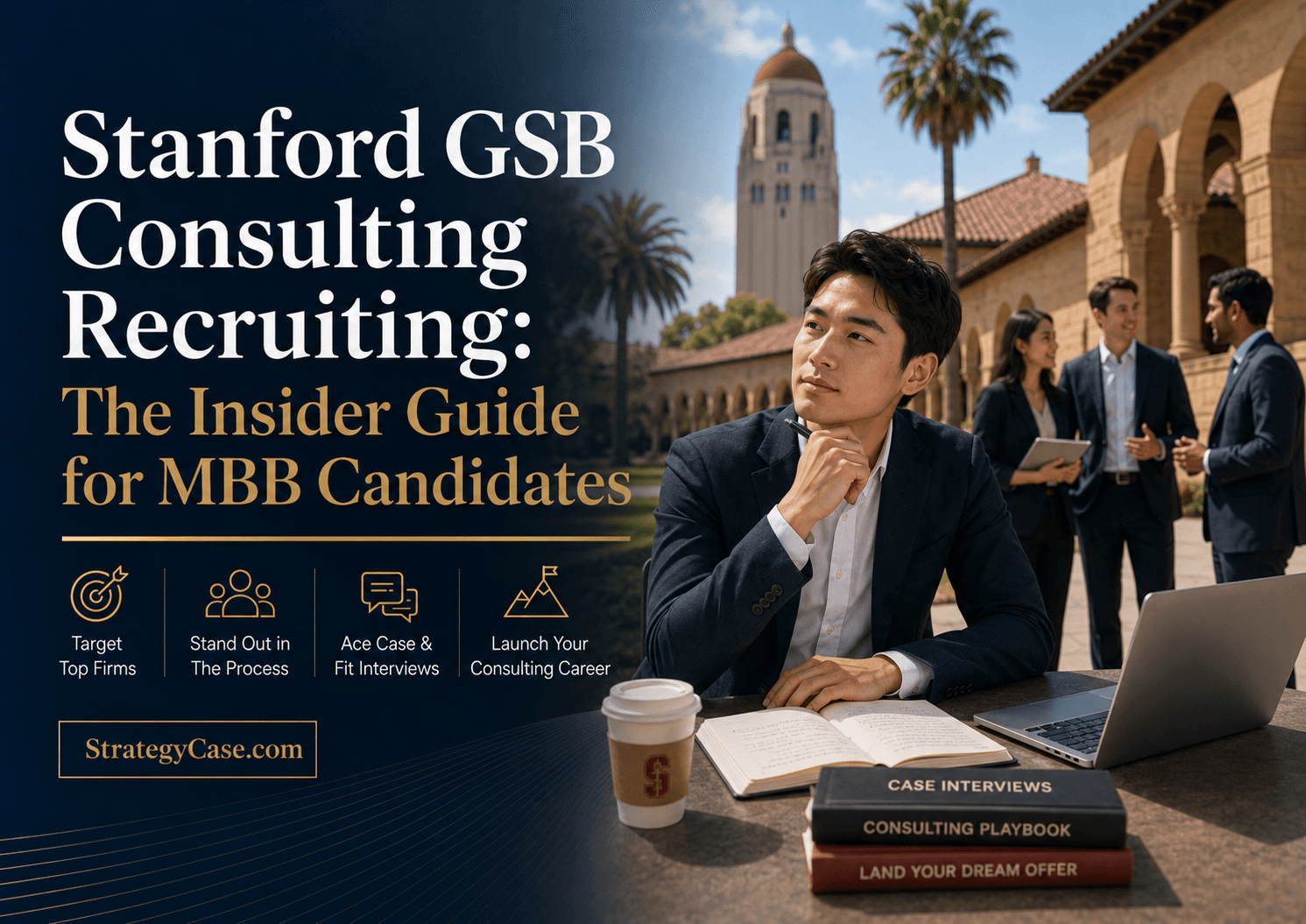 Cover image for a Stanford GSB consulting recruiting guide, showing an MBA candidate preparing for MBB interviews on a Stanford-style campus with case interview, fit interview, and consulting career strategy themes.
