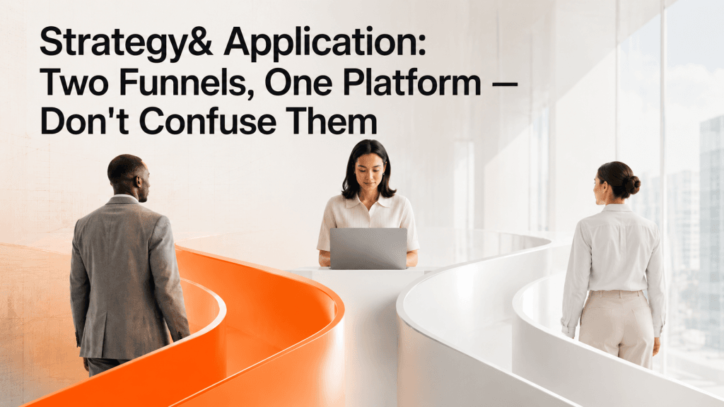 Cover image for an article on the Strategy& application process, showing two separate funnel-like paths converging toward one central laptop platform in a modern office setting.