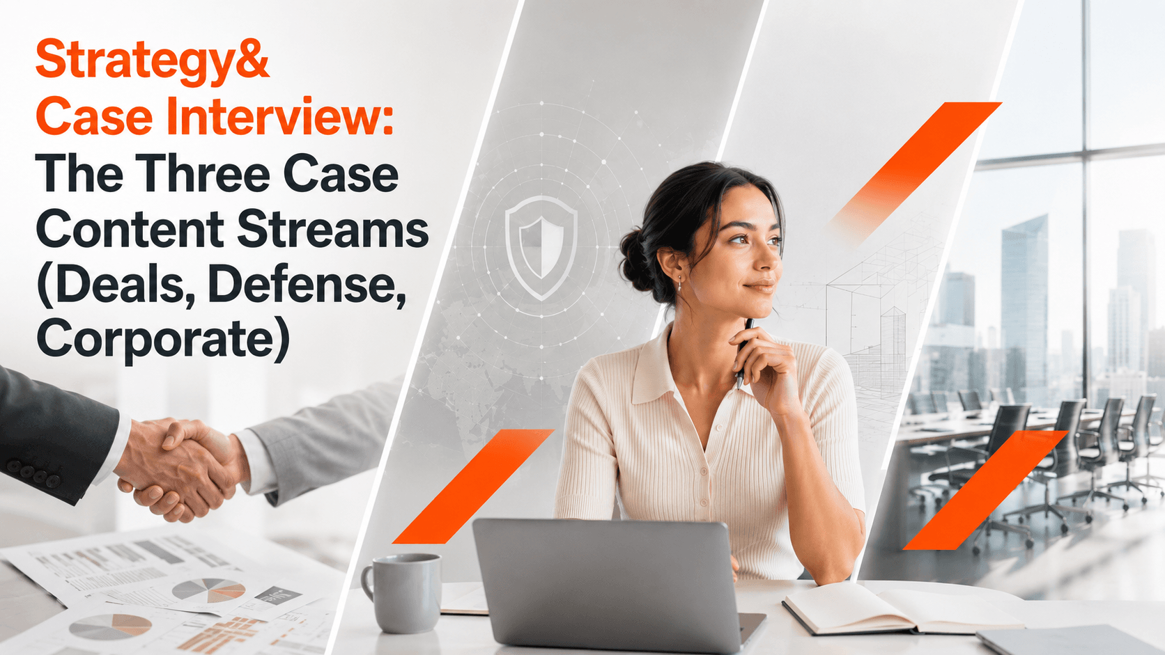 Cover image for an article on Strategy& case interviews, showing a consultant in a modern office with visual panels representing deals, defense, and corporate strategy case content streams.