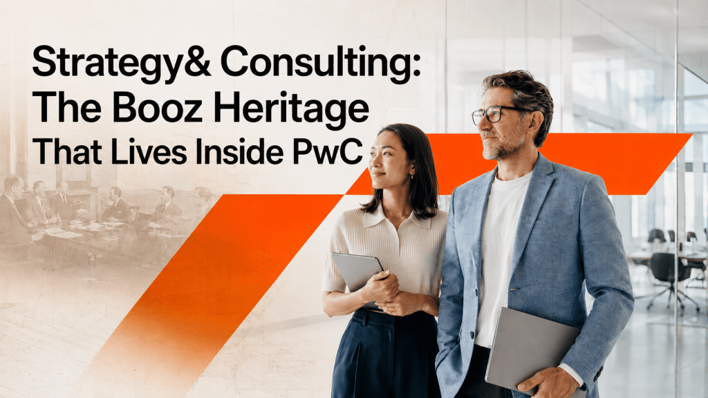 Cover image for an article on Strategy& Consulting, showing two consultants in a modern office with orange geometric accents and a subtle historical boardroom background symbolizing the Booz heritage inside PwC.