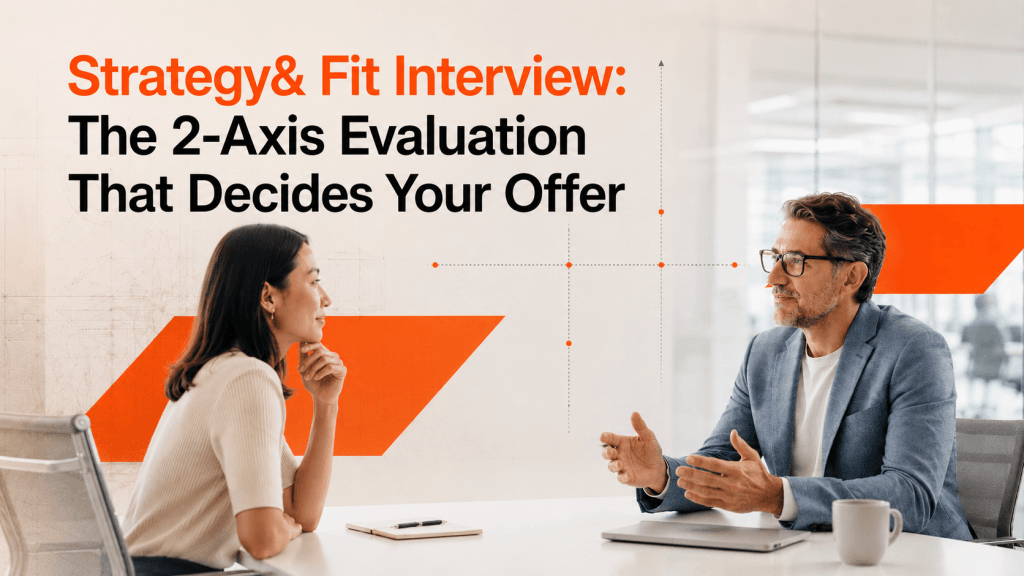 Cover image for an article on Strategy& fit interviews, showing an interviewer and candidate in conversation with a subtle two-axis evaluation graphic in the background.