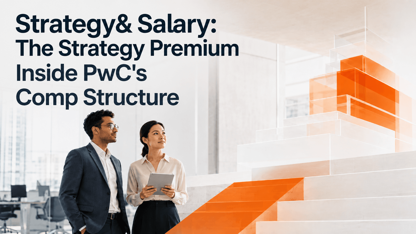 Cover image for an article on Strategy& salary, showing two consultants beside rising orange and white geometric steps symbolizing the strategy premium inside PwC’s compensation structure.