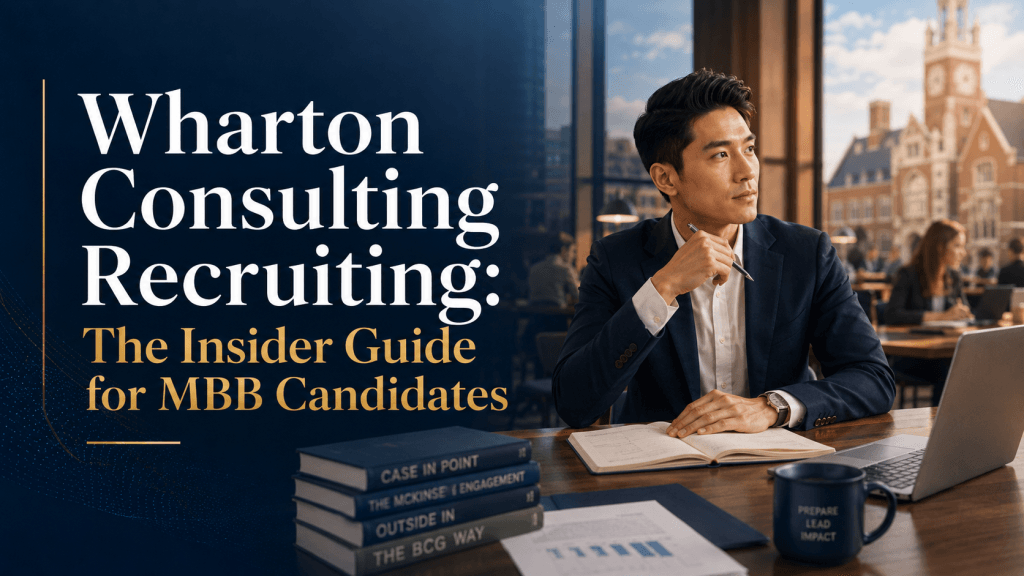 Cover image for a Wharton consulting recruiting guide, showing an MBA candidate preparing for MBB interviews in an elite business school setting with consulting books, notes, and a laptop.