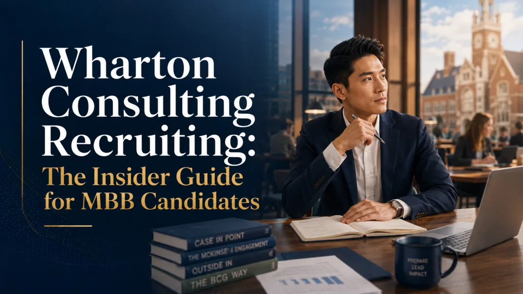 Cover image for a Wharton consulting recruiting guide, showing an MBA candidate preparing for MBB interviews in an elite business school setting with consulting books, notes, and a laptop.