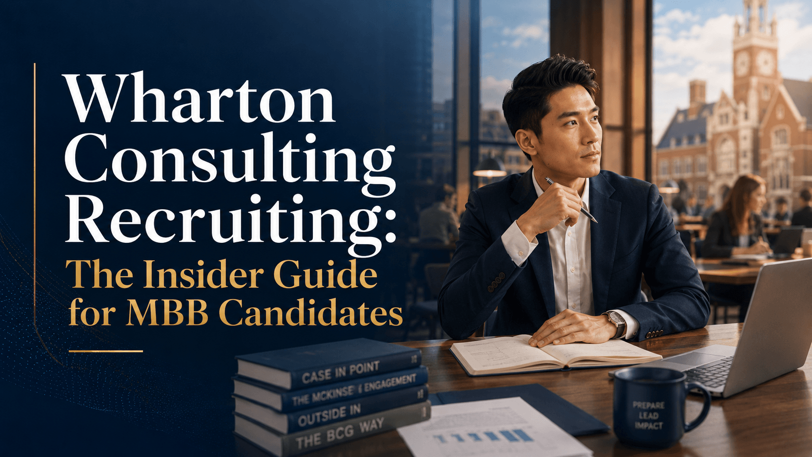 Cover image for a Wharton consulting recruiting guide, showing an MBA candidate preparing for MBB interviews in an elite business school setting with consulting books, notes, and a laptop.