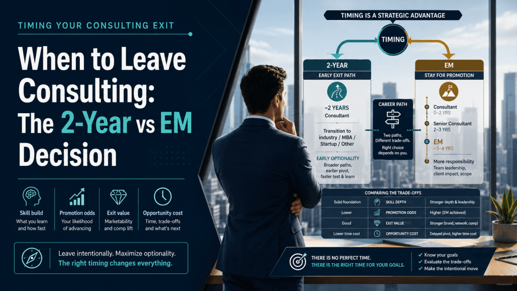 Cover image for When to Leave Consulting: The 2-Year vs EM Decision, showing a consultant comparing the early 2-year exit path with staying until engagement manager, including timing, promotion, exit value, and opportunity cost trade-offs.