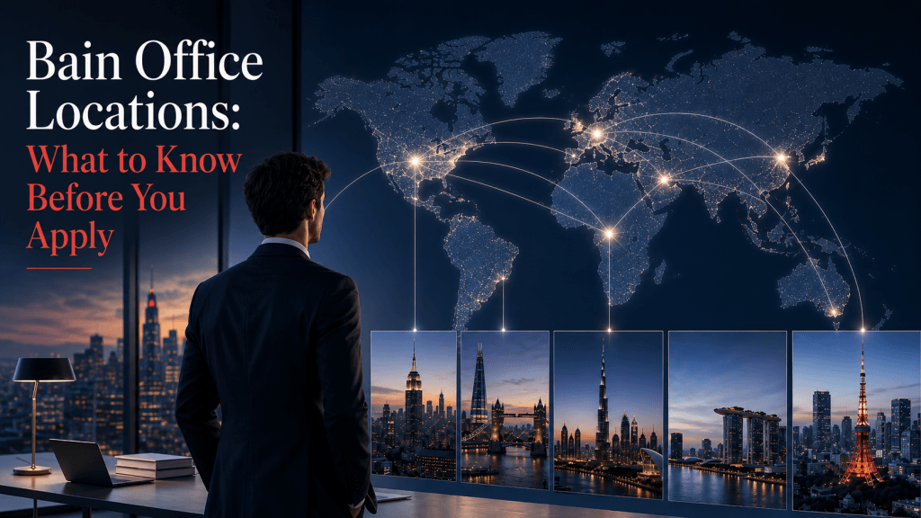 Cover image for an article about Bain office locations, showing a consultant viewing a global map with connected international city hubs and major business skylines, representing what applicants should consider before applying.
