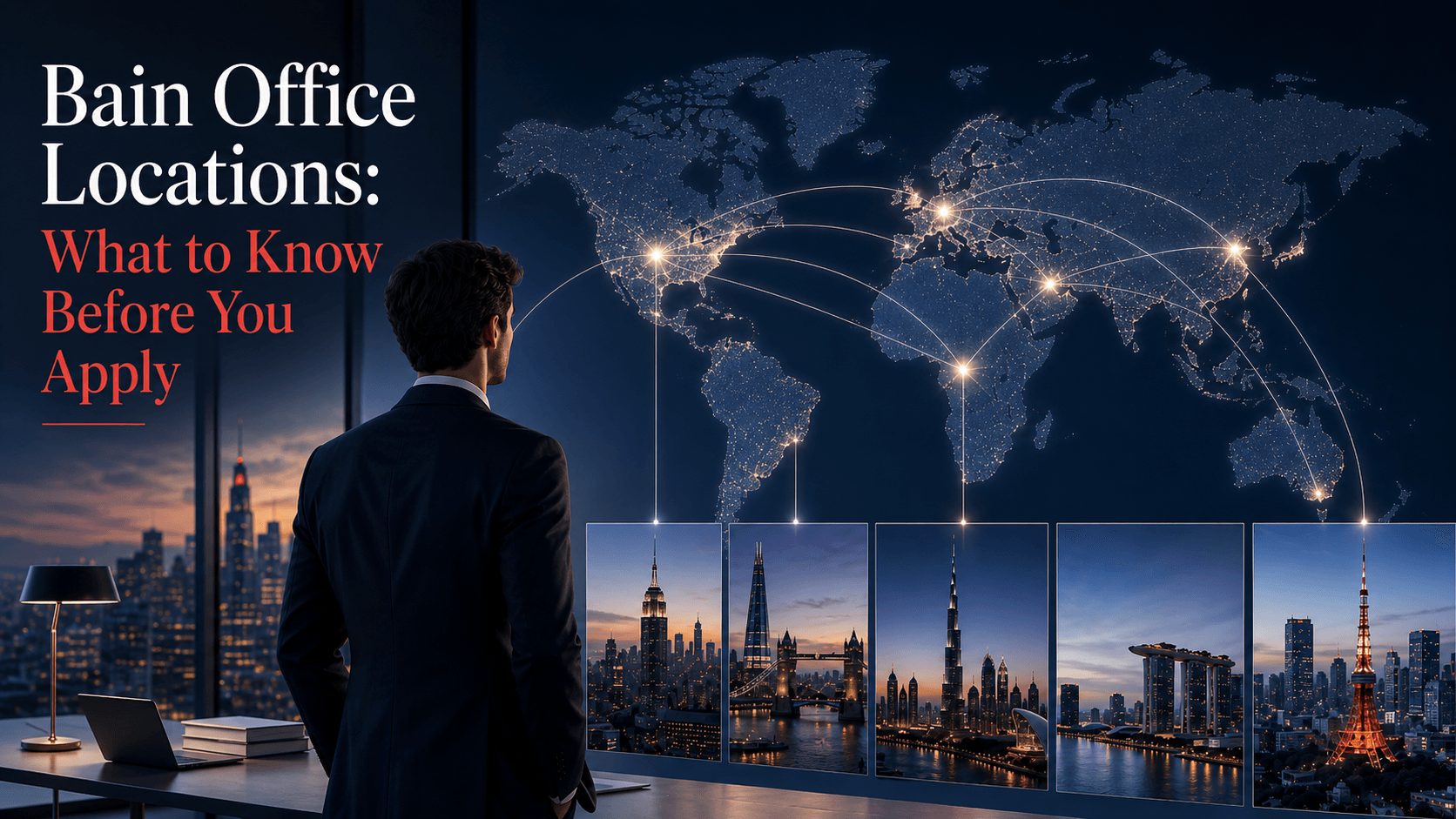 Cover image for an article about Bain office locations, showing a consultant viewing a global map with connected international city hubs and major business skylines, representing what applicants should consider before applying.