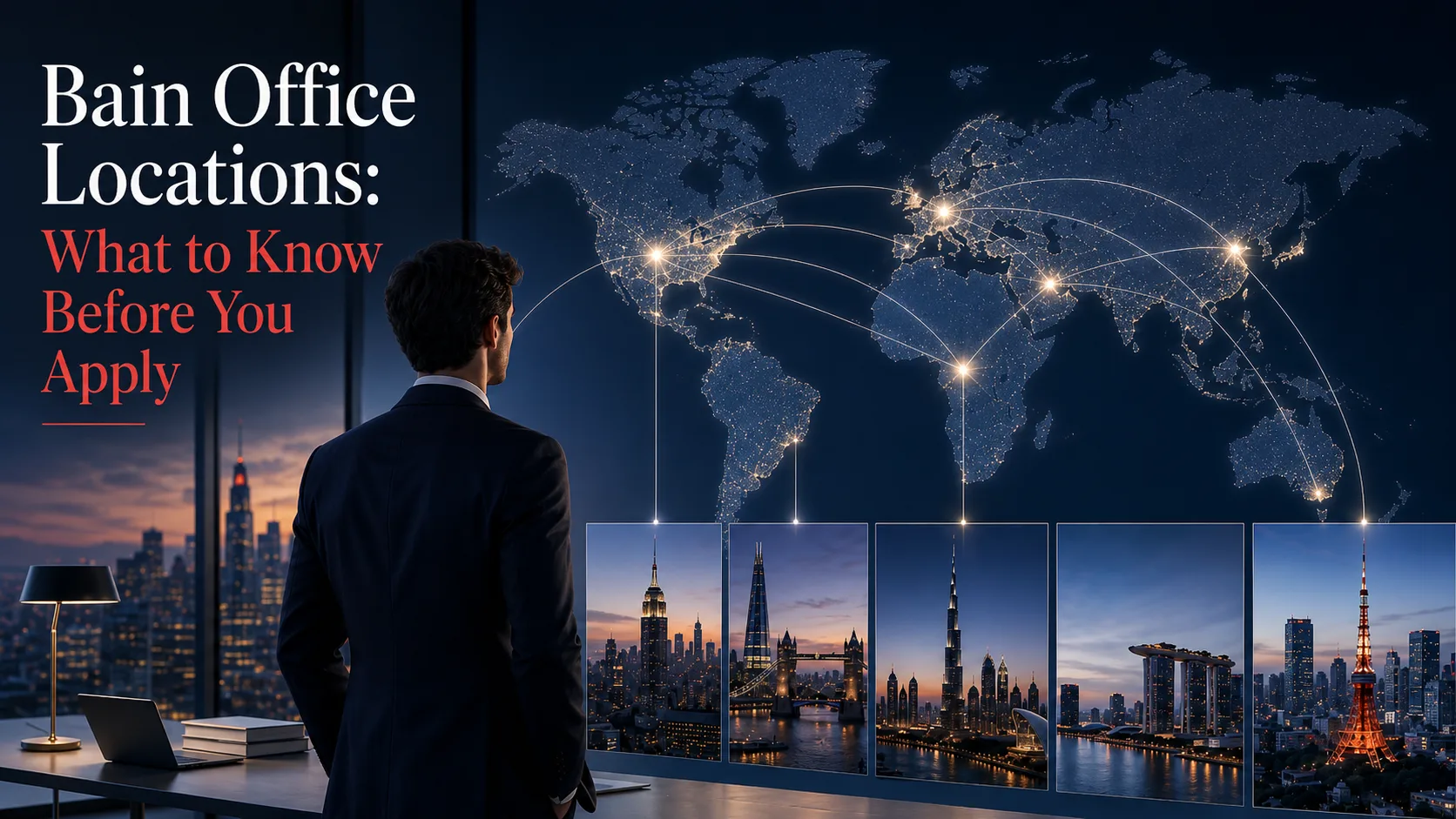 Cover image for an article about Bain office locations, showing a consultant viewing a global map with connected international city hubs and major business skylines, representing what applicants should consider before applying.
