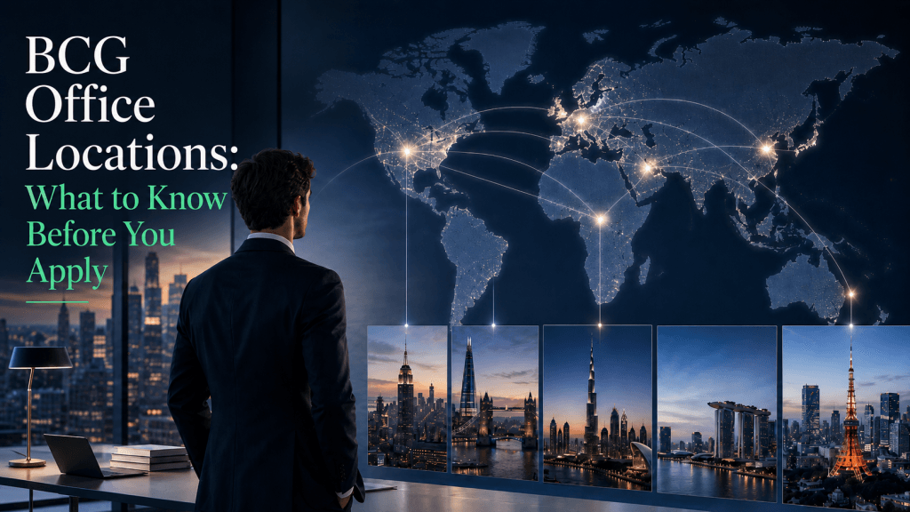 Cover image for an article about BCG office locations, showing a consultant viewing a global map with connected international city hubs and major business skylines, representing what applicants should consider before applying.