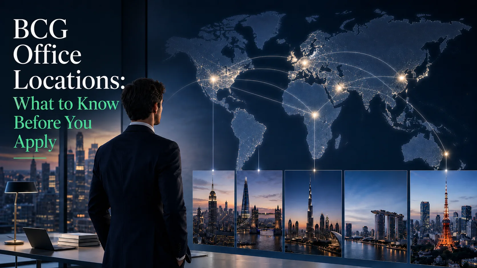 Cover image for an article about BCG office locations, showing a consultant viewing a global map with connected international city hubs and major business skylines, representing what applicants should consider before applying.