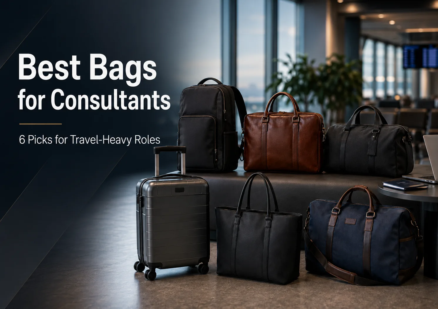 Cover image for an article on the best bags for consultants, showing a premium airport lounge setup with a backpack, leather briefcase, duffel bags, tote bag, and carry-on suitcase for travel-heavy consulting roles.