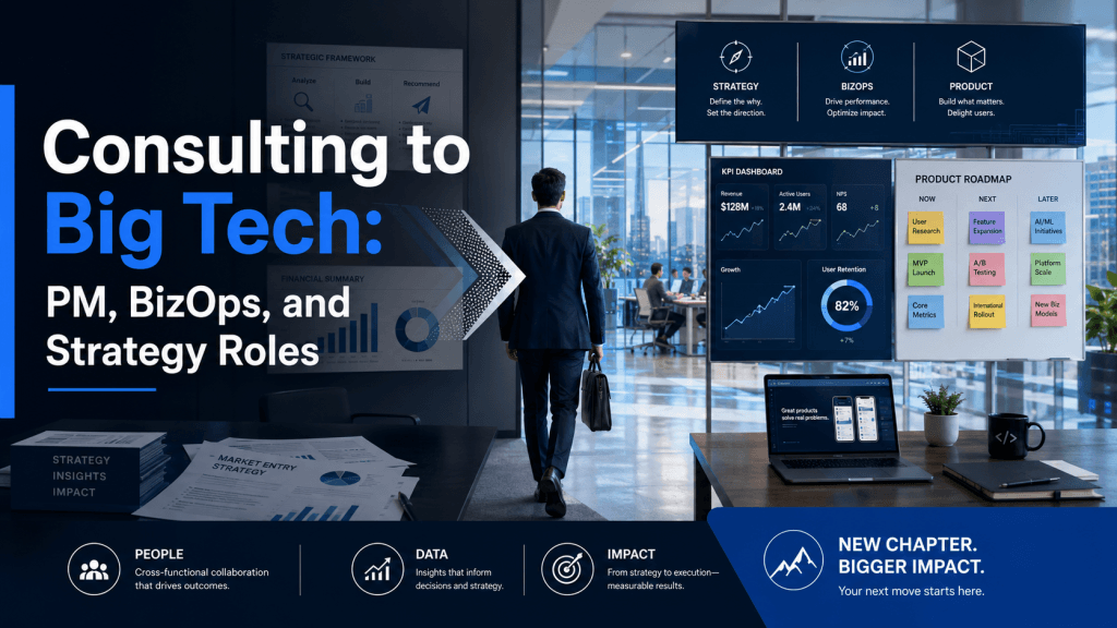 Cover image for a consulting to Big Tech article, showing a consultant moving from strategy documents and analysis charts toward a modern tech office with KPI dashboards, product roadmaps, and PM, BizOps, and strategy role cues.