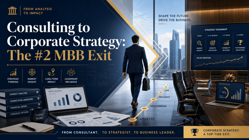 Cover image for a consulting to corporate strategy article, showing a consultant moving from market analysis, financial models, and client work toward an executive boardroom with a strategy roadmap, growth plan, and corporate leadership visuals.