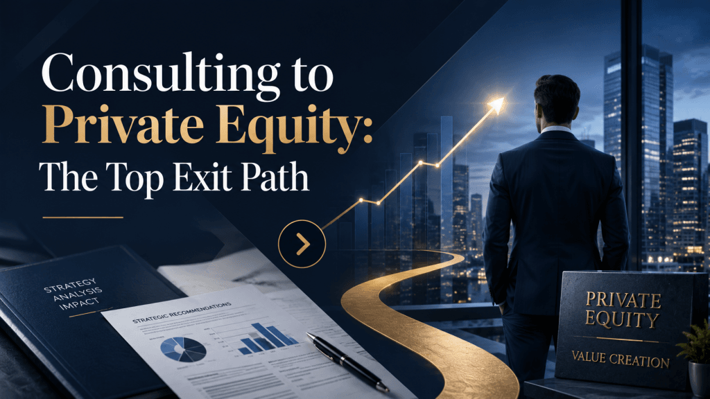 Cover image for a consulting to private equity article, showing strategy reports, financial charts, an upward growth path, and a business professional overlooking a city skyline.