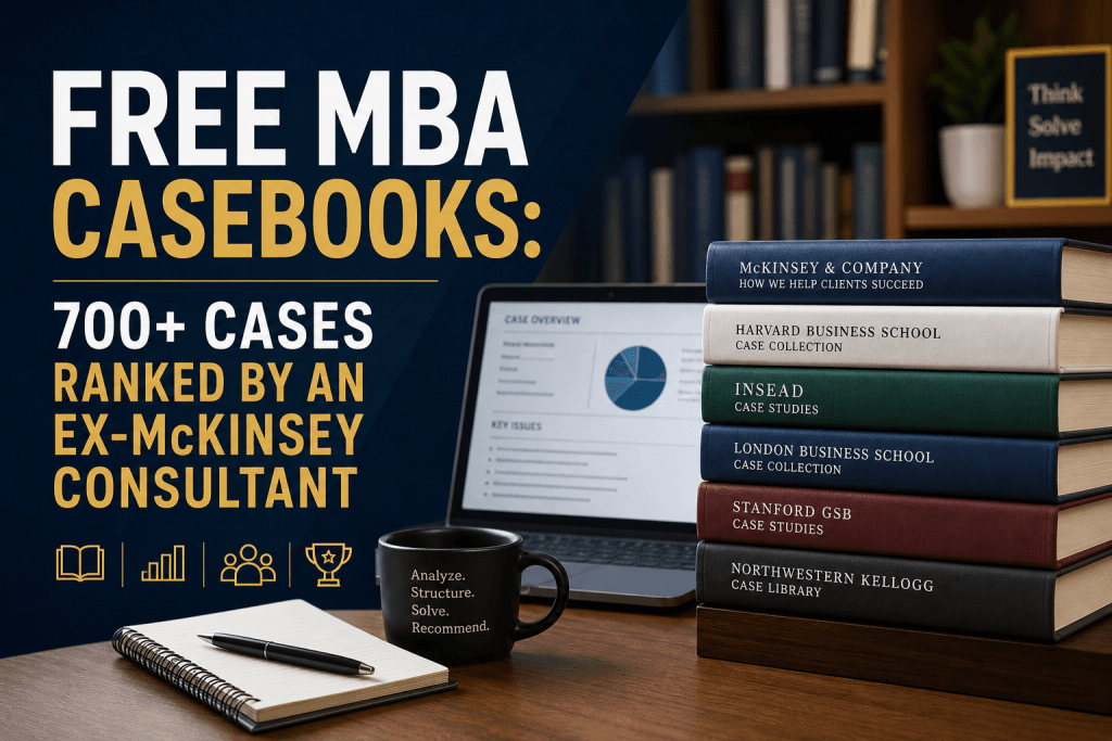 Cover image for an article on free MBA casebooks, featuring a professional desk setup with a laptop displaying case analysis charts, a stack of leading business school casebooks (Harvard, INSEAD, LBS, Stanford, Kellogg), and a clean consulting-themed layout emphasizing structured problem-solving and case interview preparation.