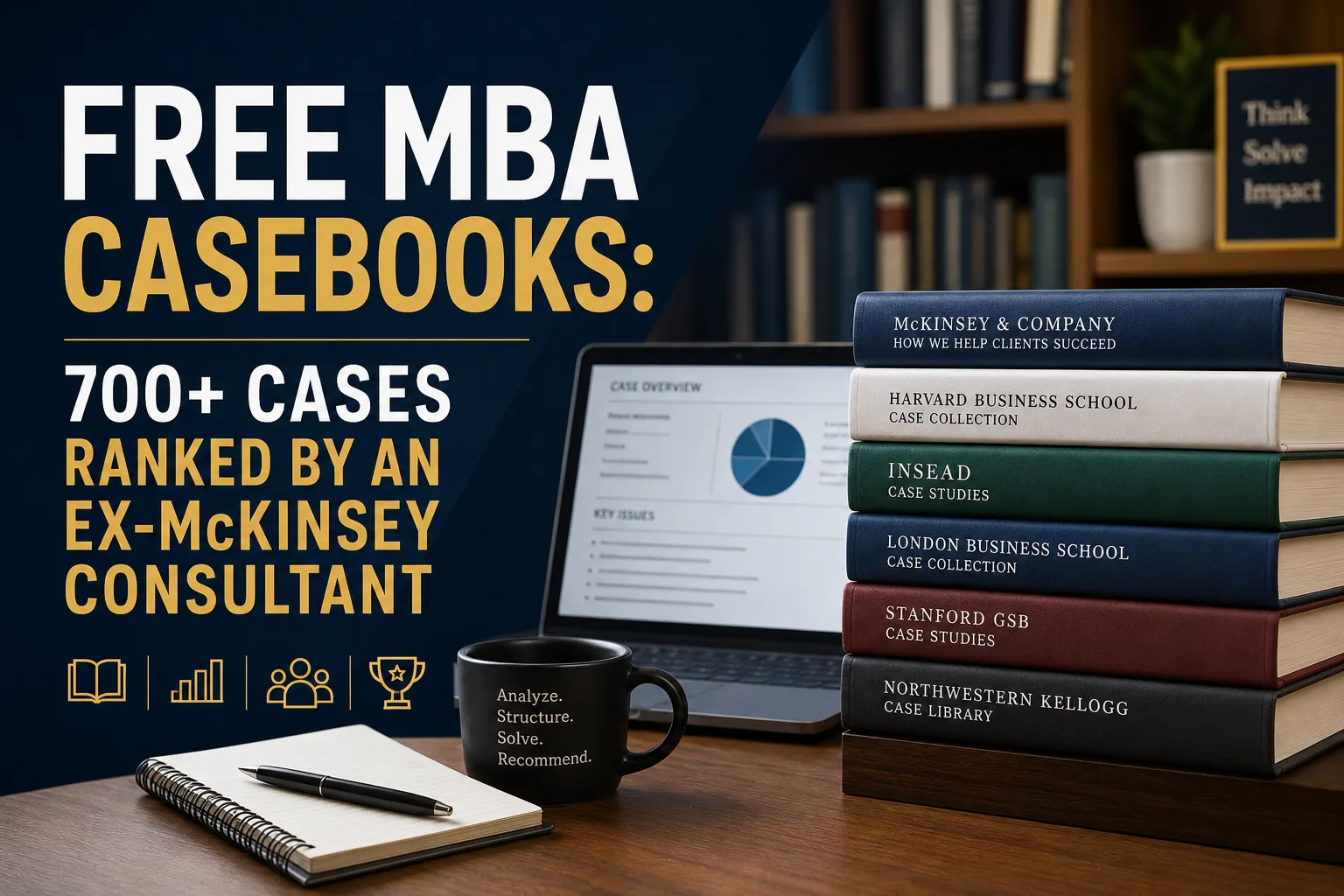 Cover image for an article on free MBA casebooks, featuring a professional desk setup with a laptop displaying case analysis charts, a stack of leading business school casebooks (Harvard, INSEAD, LBS, Stanford, Kellogg), and a clean consulting-themed layout emphasizing structured problem-solving and case interview preparation.