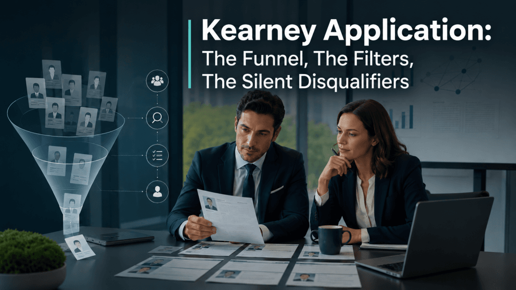 Cover image showing consultants reviewing candidate profiles and a recruiting funnel, illustrating the Kearney application process, filters, and disqualifiers.