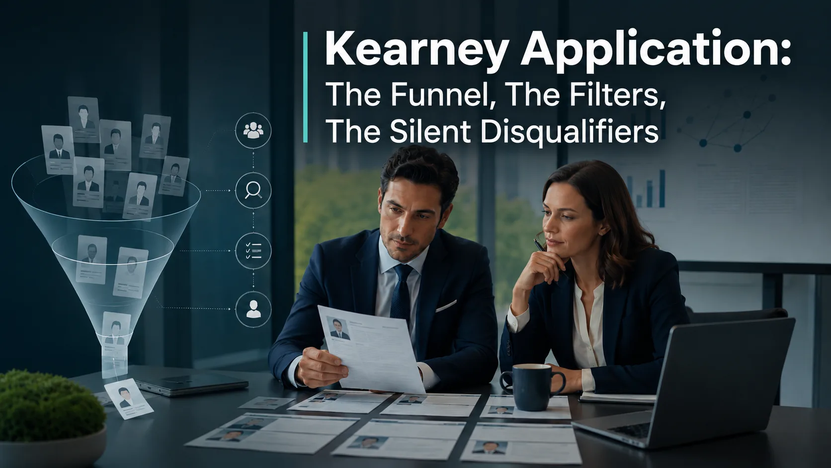 Cover image showing consultants reviewing candidate profiles and a recruiting funnel, illustrating the Kearney application process, filters, and disqualifiers.