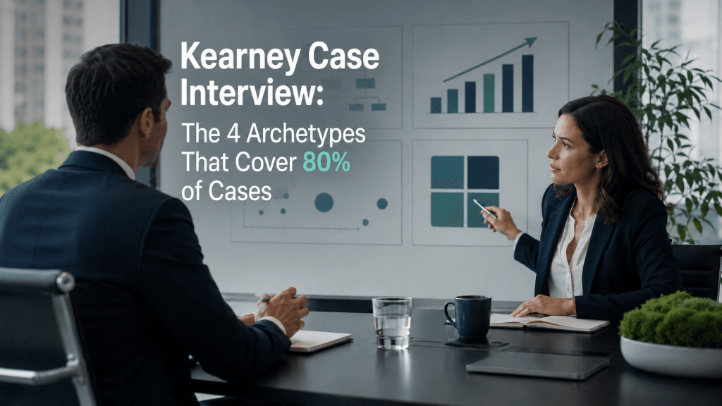 Cover image showing a consultant explaining Kearney case interview archetypes on a whiteboard with charts, illustrating structured Kearney case interview preparation.
