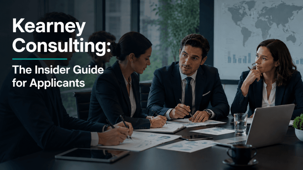 Cover image showing a consulting team reviewing strategy documents in a modern boardroom, representing an insider guide for Kearney consulting applicants.
