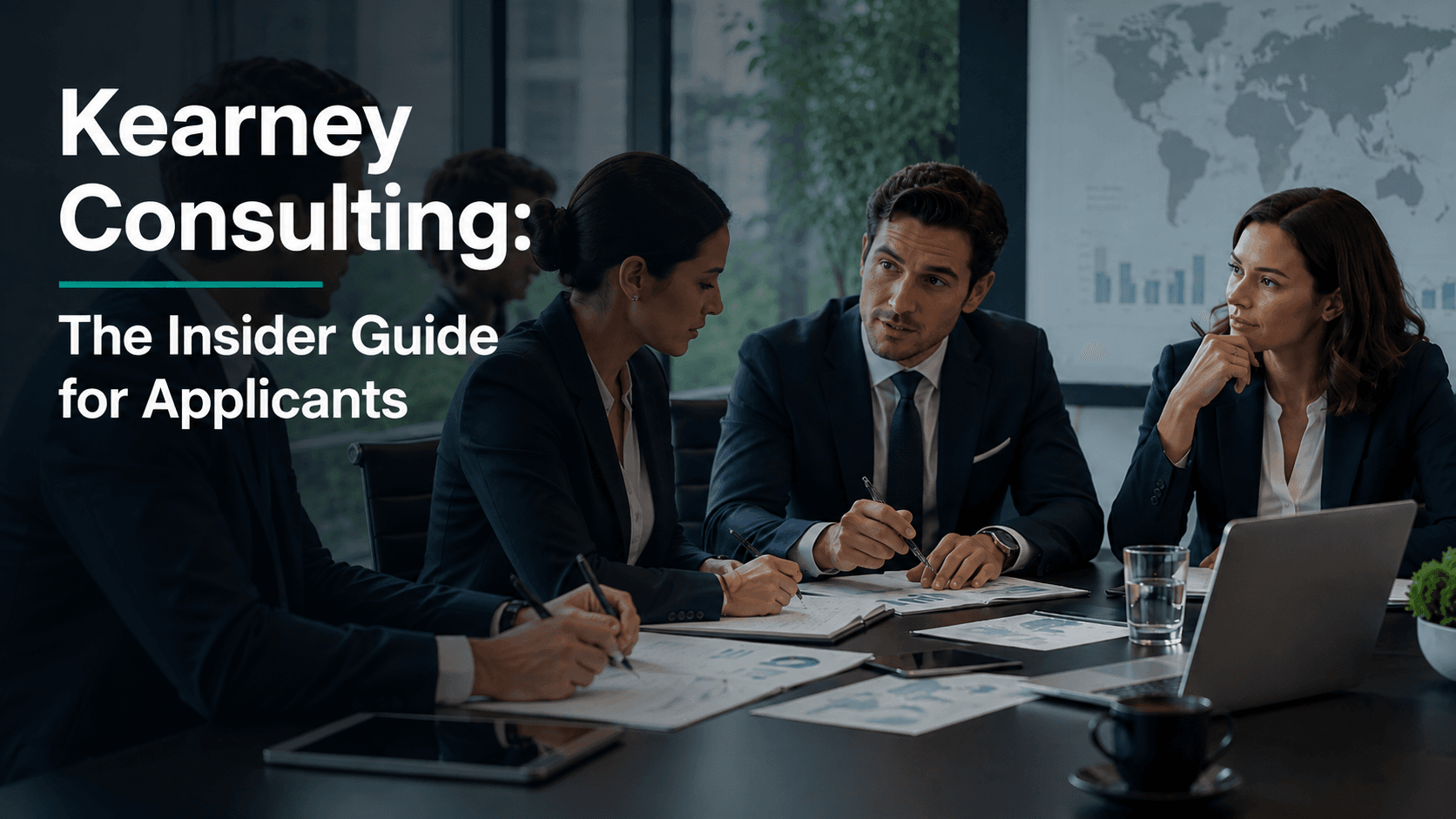Cover image showing a consulting team reviewing strategy documents in a modern boardroom, representing an insider guide for Kearney consulting applicants.