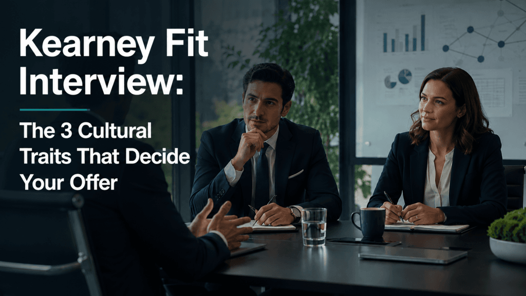 Cover image showing a candidate in a Kearney fit interview with two interviewers in a modern office, illustrating the cultural traits that influence a Kearney offer.