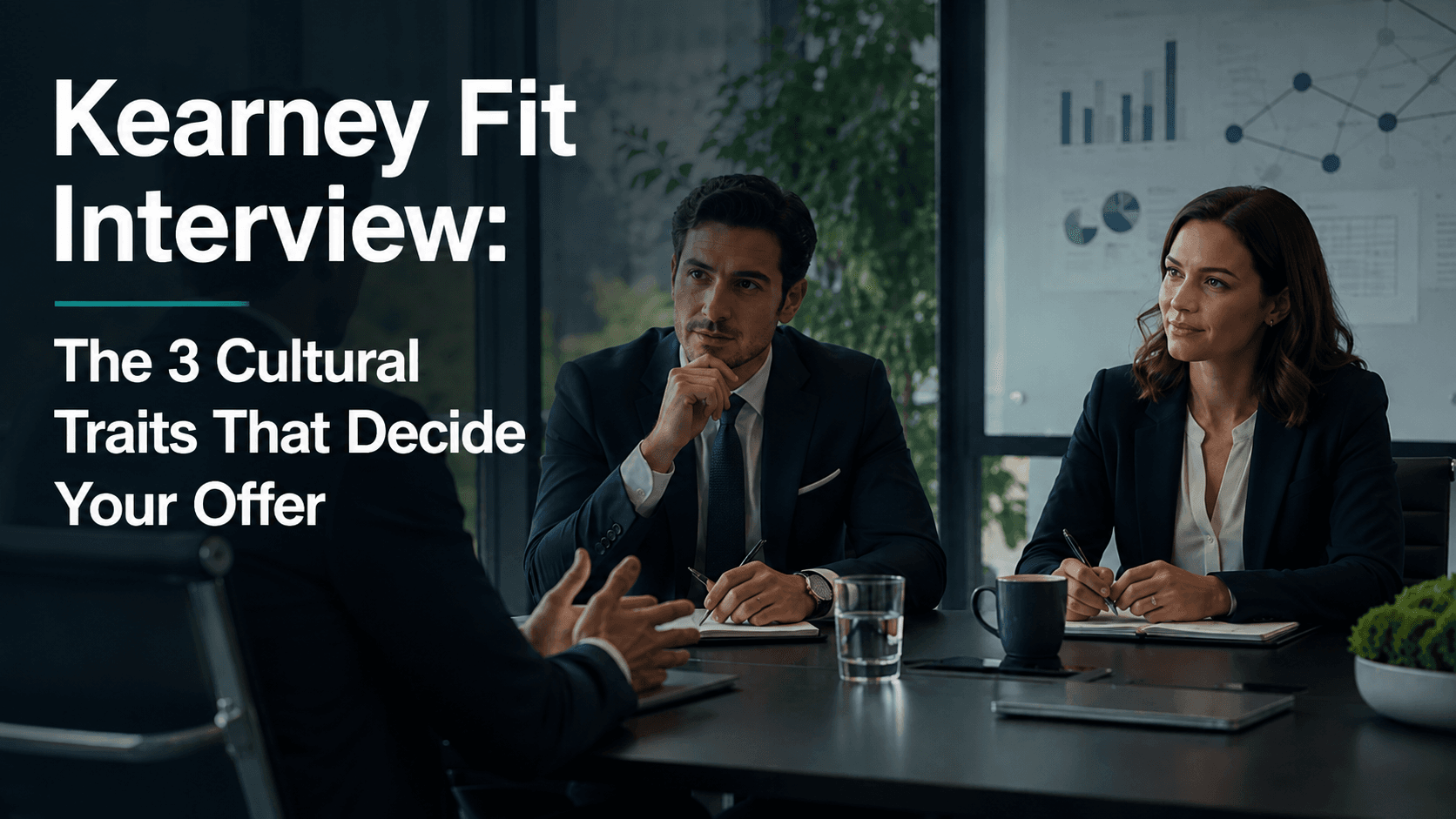 Cover image showing a candidate in a Kearney fit interview with two interviewers in a modern office, illustrating the cultural traits that influence a Kearney offer.