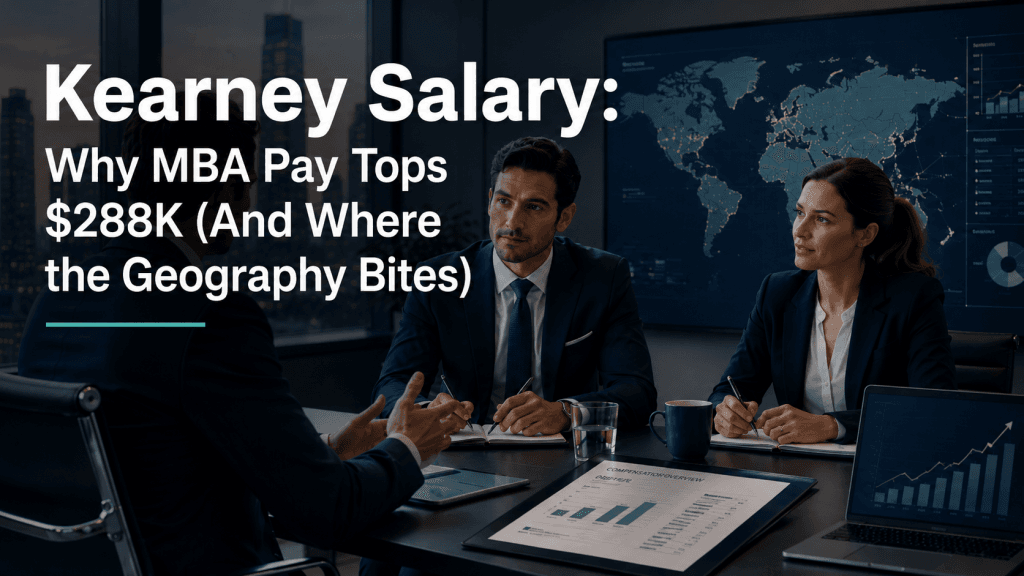 Cover image showing consultants discussing compensation data, global salary differences, and MBA pay in a modern boardroom for a Kearney salary guide.