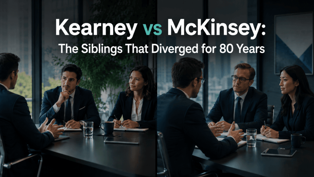 Cover image showing two consulting interview scenes side by side, representing the comparison of Kearney vs McKinsey across culture, history, and career paths.