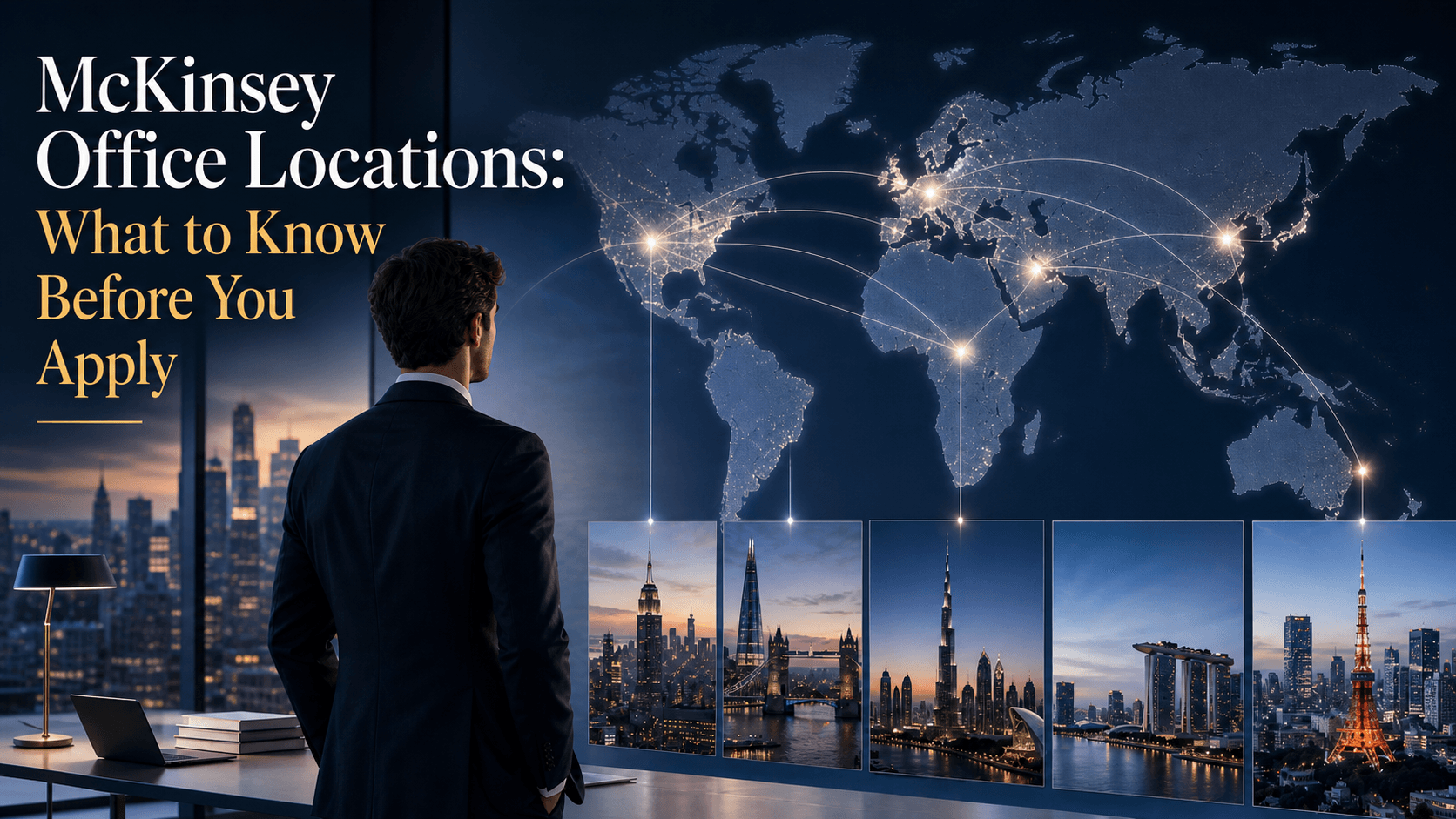 Cover image for an article about McKinsey office locations, showing a consultant viewing a global map with connected city hubs and major business skylines, representing how applicants should think about office choice before applying.