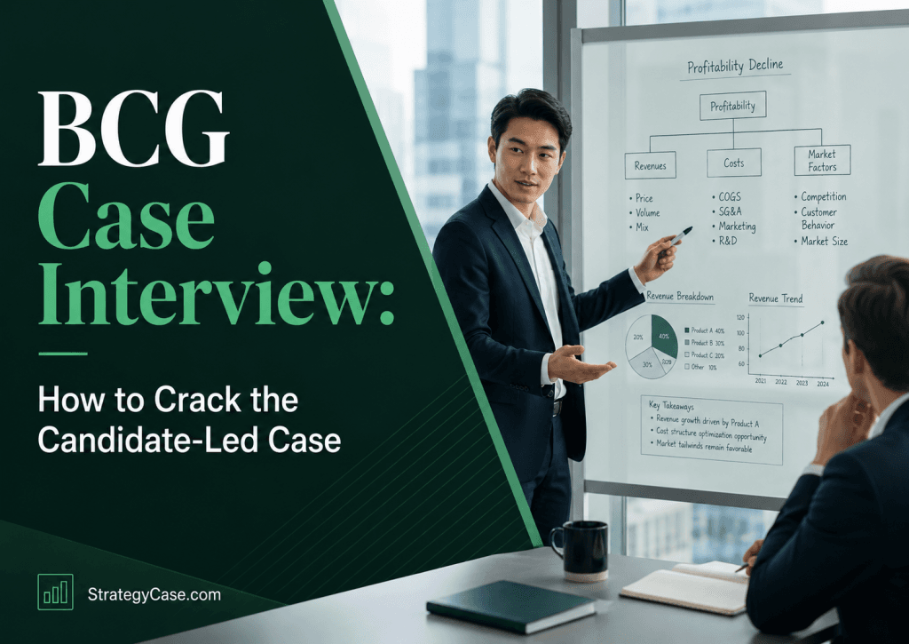 Cover image for an article titled “BCG Case Interview: How to Crack the Candidate-Led Case,” showing a candidate leading a case interview discussion in front of a whiteboard with a profitability issue tree, charts, and key takeaways, while an interviewer listens. The image uses a dark green consulting-style layout with the StrategyCase.com watermark at the bottom.