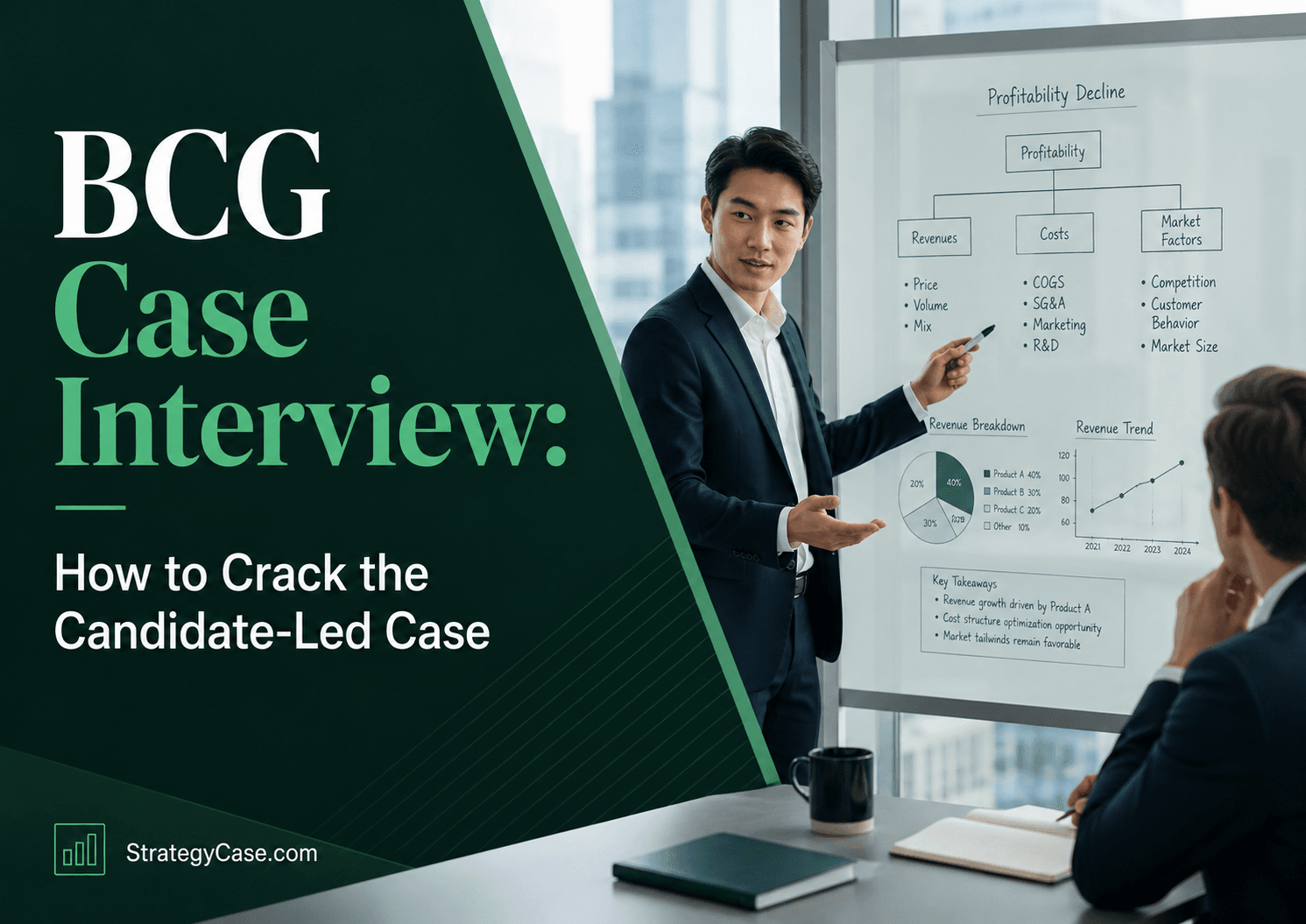 Cover image for an article titled “BCG Case Interview: How to Crack the Candidate-Led Case,” showing a candidate leading a case interview discussion in front of a whiteboard with a profitability issue tree, charts, and key takeaways, while an interviewer listens. The image uses a dark green consulting-style layout with the StrategyCase.com watermark at the bottom.