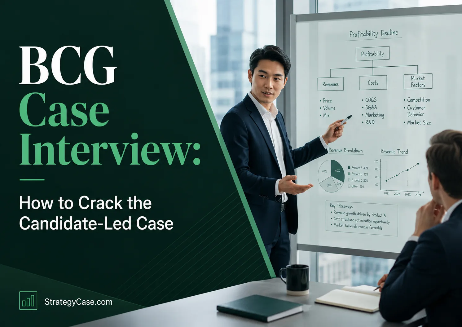 Cover image for an article titled “BCG Case Interview: How to Crack the Candidate-Led Case,” showing a candidate leading a case interview discussion in front of a whiteboard with a profitability issue tree, charts, and key takeaways, while an interviewer listens. The image uses a dark green consulting-style layout with the StrategyCase.com watermark at the bottom.