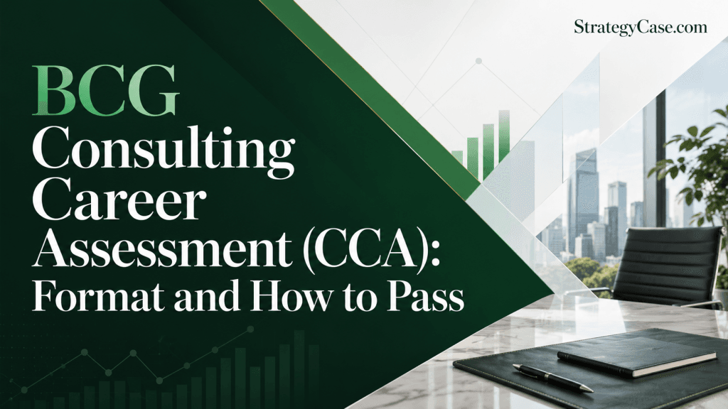 Professional cover image for “BCG Consulting Career Assessment (CCA): Format and How to Pass,” with a dark green geometric consulting design, subtle analytics charts, modern office background, and StrategyCase.com logo.