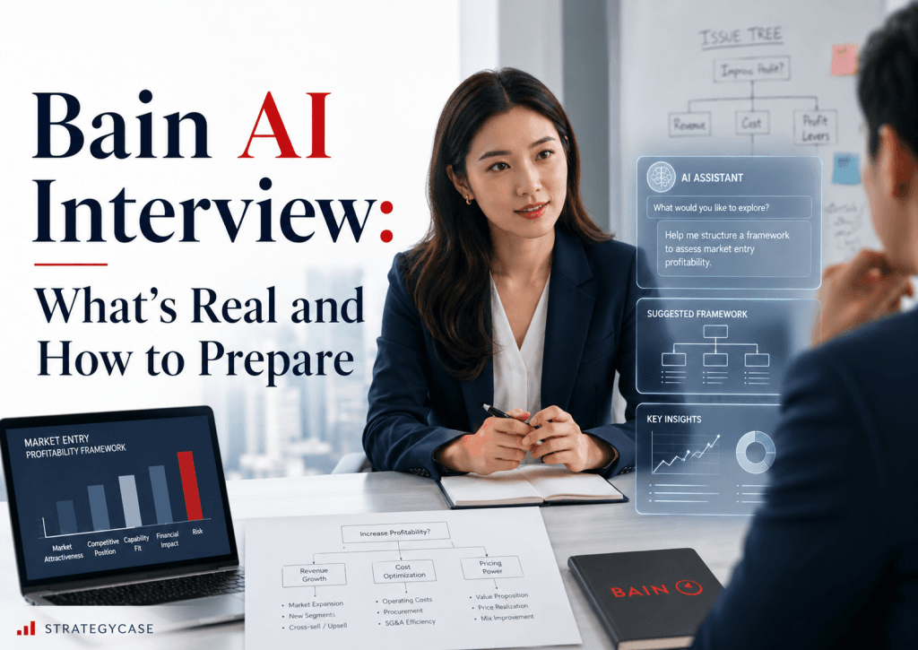 Cover image for an article titled “Bain AI Interview: What’s Real and How to Prepare,” showing a consulting candidate in an interview room using AI-assisted case tools, digital framework panels, charts, and issue-tree notes to prepare for a Bain-style AI-enabled case interview.