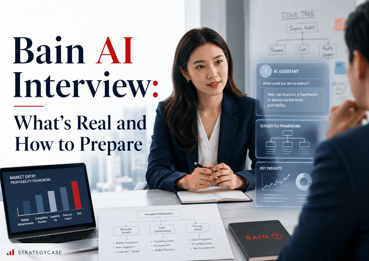 Cover image for an article titled “Bain AI Interview: What’s Real and How to Prepare,” showing a consulting candidate in an interview room using AI-assisted case tools, digital framework panels, charts, and issue-tree notes to prepare for a Bain-style AI-enabled case interview.