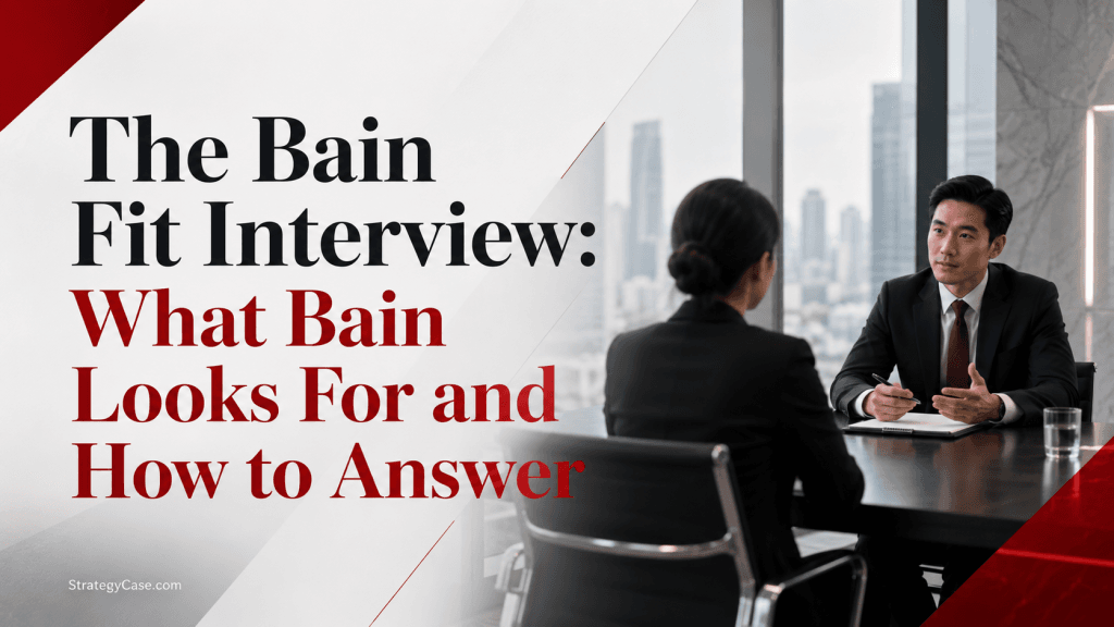 Cover image for an article on the Bain fit interview, showing two professionals in a consulting interview setting with the title “The Bain Fit Interview: What Bain Looks For and How to Answer.”