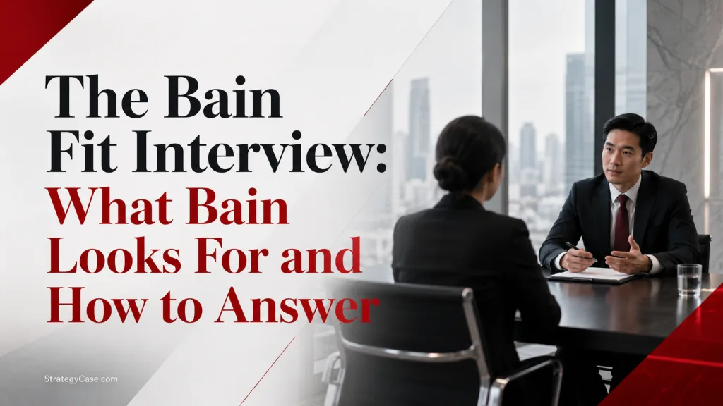 Cover image for an article on the Bain fit interview, showing two professionals in a consulting interview setting with the title “The Bain Fit Interview: What Bain Looks For and How to Answer.”
