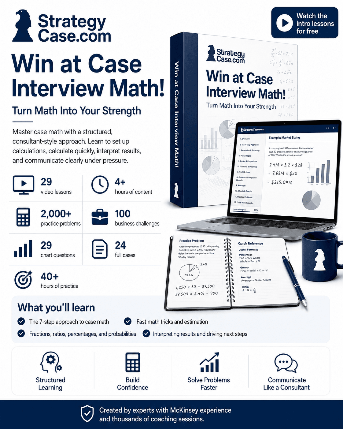 StrategyCase.com case math course product image with laptop, course box, practice stats, and consulting math visuals.