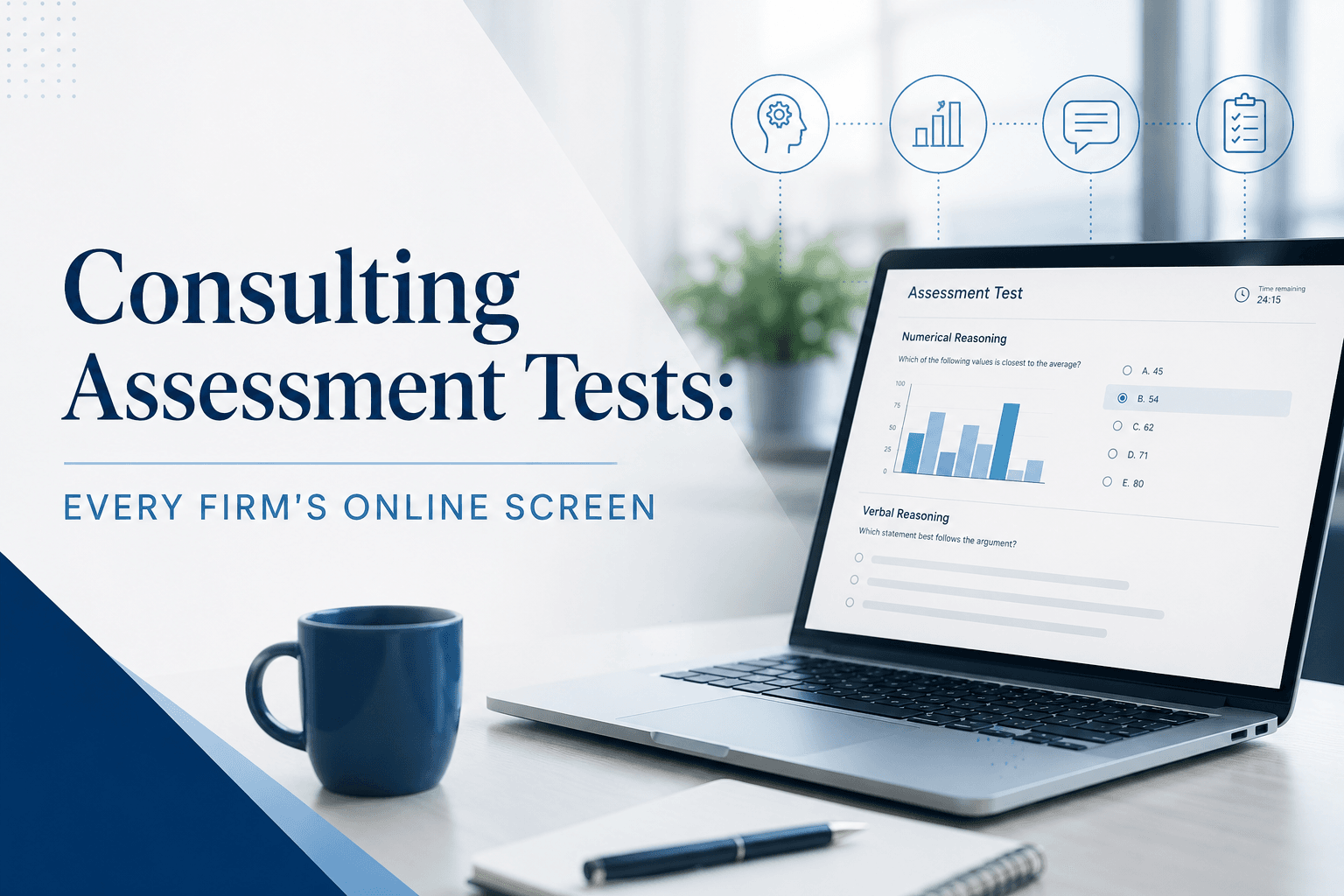 Professional cover image for an article on consulting assessment tests, showing a laptop with an online numerical and verbal reasoning test interface, connected assessment icons, and the title “Consulting Assessment Tests: Every Firm’s Online Screen” in a clean blue corporate design.