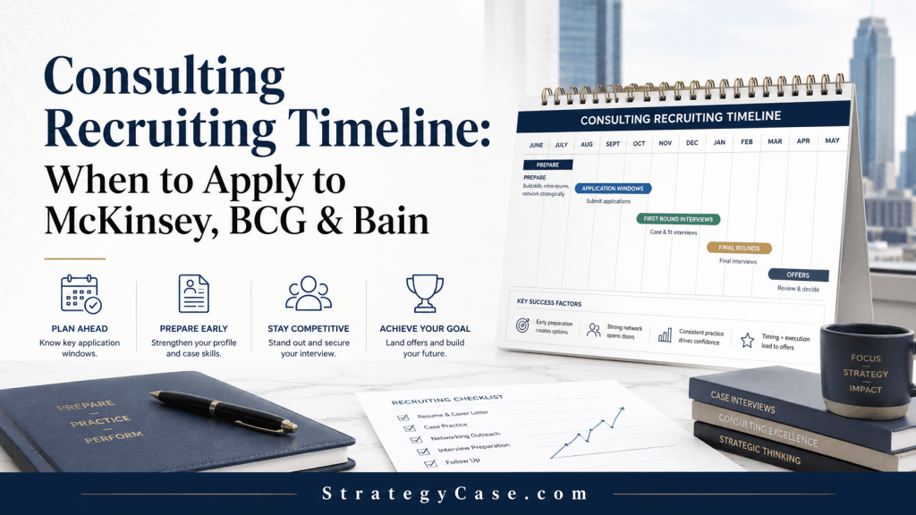 Cover image for an article titled “Consulting Recruiting Timeline: When to Apply to McKinsey, BCG & Bain,” showing a professional recruiting timeline calendar with preparation, application, interview, final round, and offer stages, alongside icons for planning, early preparation, competitiveness, and offers. StrategyCase.com watermark at the bottom.