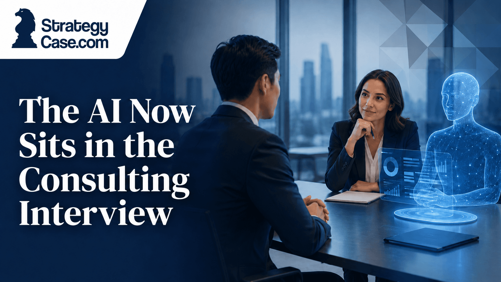 AI hologram participating in a consulting interview with two business professionals, illustrating the role of AI in consulting interviews.