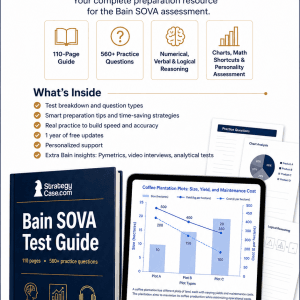 Vertical product image for the StrategyCase.com Bain SOVA Test Guide, showing a 110-page preparation guide, 560+ practice questions, reasoning test sections, chart analysis, and a tablet mockup with a blue coffee plantation data question.