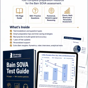 Vertical product image for the StrategyCase.com Bain SOVA Test Guide, showing a 110-page preparation guide, 560+ practice questions, reasoning test sections, chart analysis, and a tablet mockup with a blue coffee plantation data question.