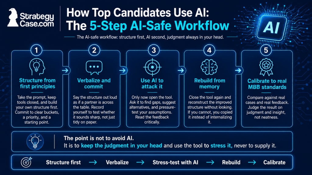 Five-step AI-safe case prep workflow: structure, verbalize, stress-test with AI, rebuild, calibrate; important for AI case interview prep