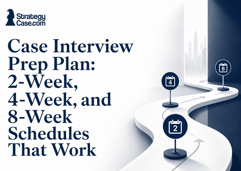 Case interview preparation roadmap showing 2-week, 4-week, and 8-week schedules.