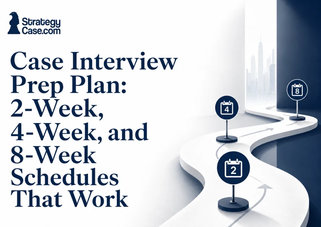 Case interview preparation roadmap showing 2-week, 4-week, and 8-week schedules.